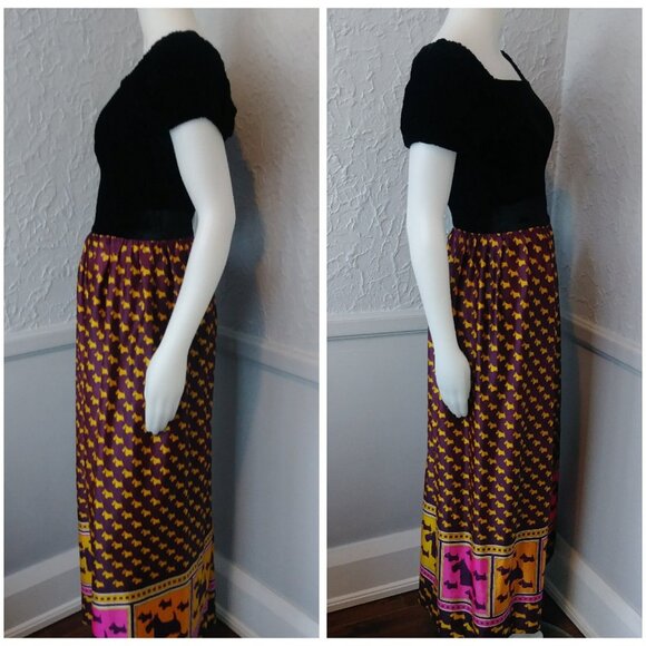 Vintage 60's 70's Maxi Dress by The House of Nu-Mode - black velvet top bodice - Picture 4 of 10